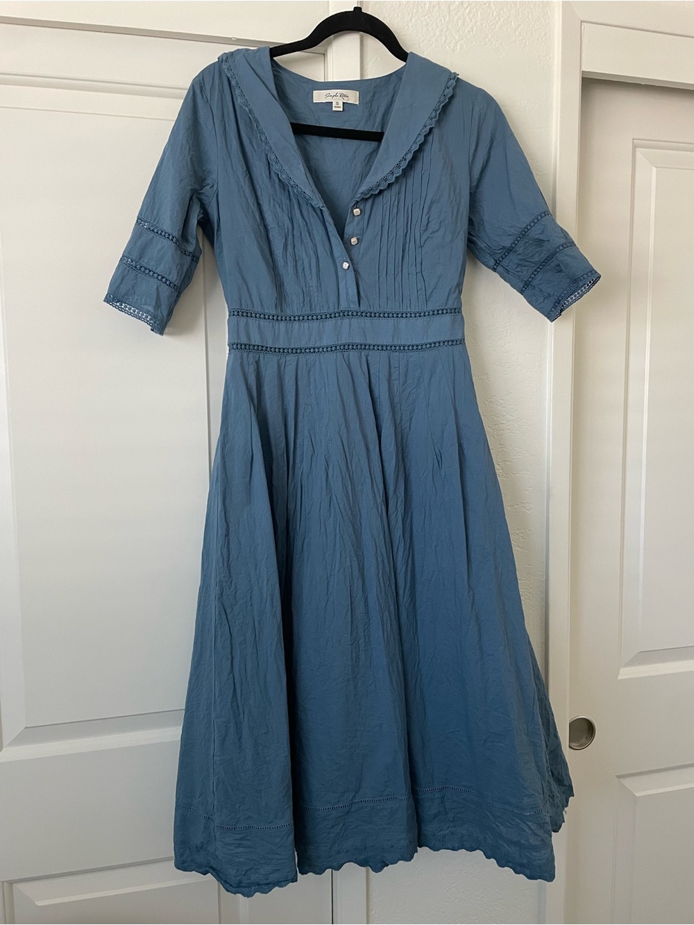 Simple Retro FIONA 100% COTTON DEMIN BLUE MIDI DRESS - Picture 5 of 5